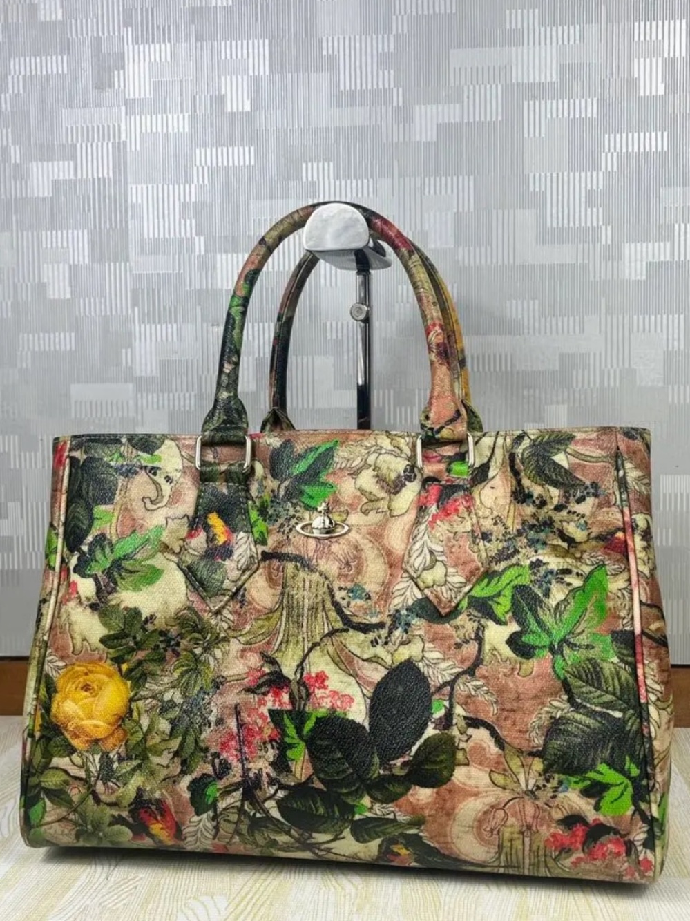 Rare Vivienne Westwood Floral Print Leather Structured Tote Bag